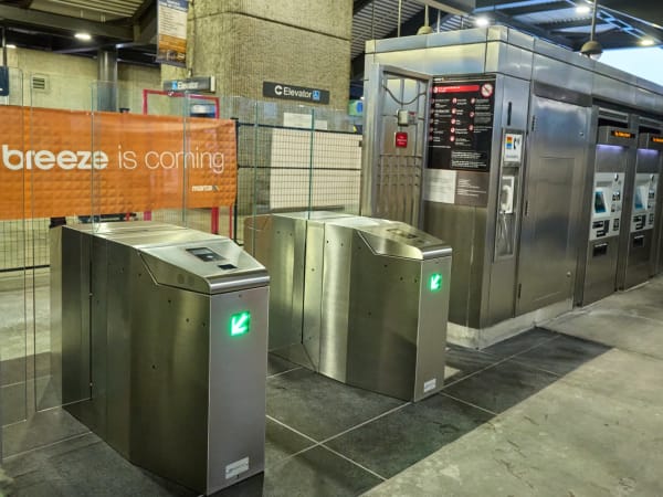 New faregates and ticket vending machines at Lindbergh Center Station across from MARTA headquarters in Atlanta.