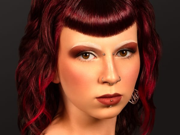Model with red hair, straight bangs