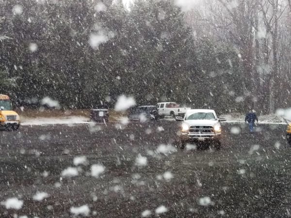 Large snowflakes fall across a school bus parking lot as two yellow school buses, pickup trucks, and other vehicles sit under wintry conditions. The scene captures heavy snowfall during a challenging day for student transportation.