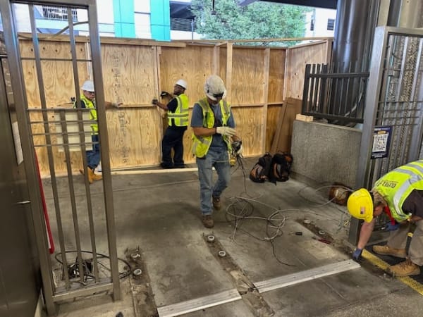 Old Breeze faregates are removed at Lindbergh Center station.