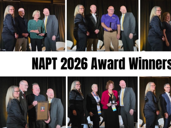 Collage of six award presentation photos from NAPT ACTS 2026 in Louisville, Kentucky, featuring school transportation industry honorees posing with plaques and trophies.