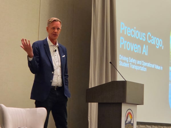 Thomas Hanson of Motive presents on artificial intelligence applications for school transportation, discussing real-time fleet safety and operational technology at the 2026 NSTA conference.