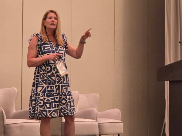 Bobbie Hartman of First Student presents NSTA's updated Outsourcing Student Transportation Toolkit during an educational session at the 2026 annual meeting.