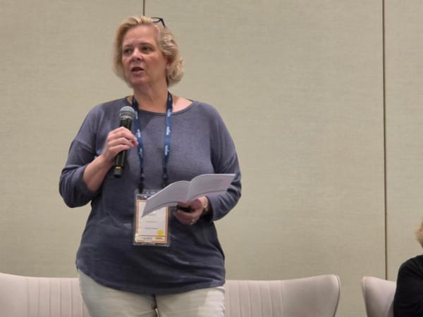 Ronna Weber, executive director of the National Association of State Directors of Pupil Transportation Services (NASDPTS), presents updates on national school transportation initiatives during a session at the 2026 NSTA Annual Meeting & Convention in Denver.