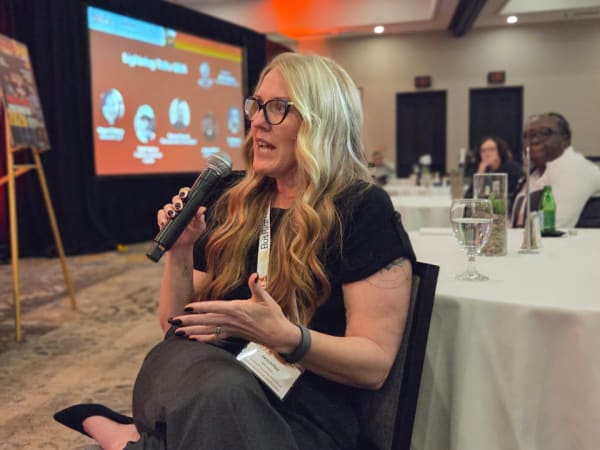 Jennifer Durno of Trumbull County asks a question during an education session at the 2026 School Bus Fleet ConneX.