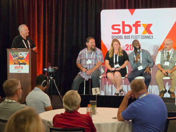 Five school transportation professionals participate in a lightning-round panel and Q&A moderated by Max Christensen at the 2026 School Bus Fleet ConneX.
