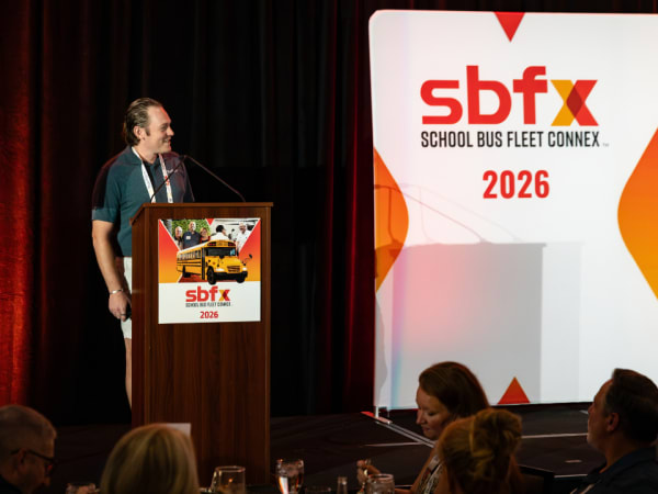 BusRight’s Matt Corso delivers a welcome message to attendees during the 2026 School Bus Fleet ConneX.