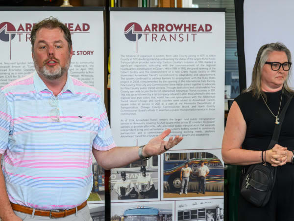Portrait of Clint Link and Melissa Collins from the Arrowhead Transit RideSmart 2025 launch event.