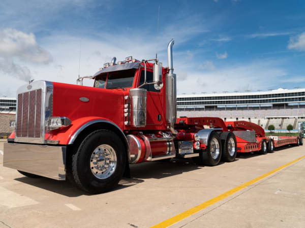 A red Peterbilt Model 389.
