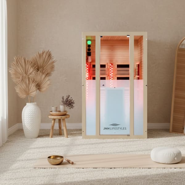 An image of a personal, walk-in sauna inside a yoga room.