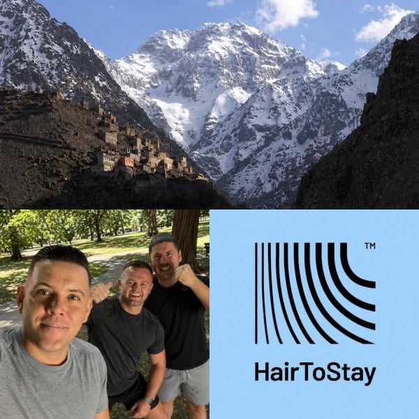 HairToStay logo with three men who will climb Mount Toubkal