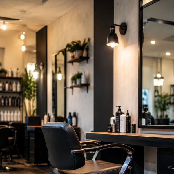 A salon chair, empty, inside a hair salon