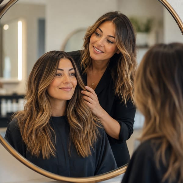 Client and Stylist Gazing in the Mirror