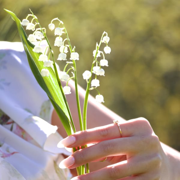 A hand holding a bunch of Lily of the Valley flowers