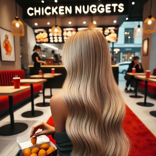 The back of a woman with long blonde hair.