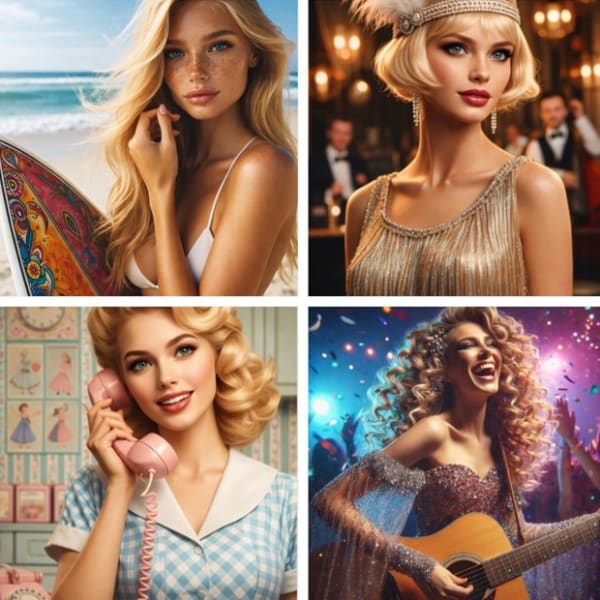 Six-image collage showing diverse blonde styles: braided glam, beach surfer blonde, 1920s flapper bob, Old Hollywood waves, retro pin-up, and pop-star performer onstage.