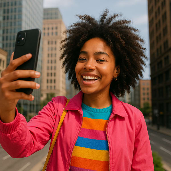 Black woman taking a selfie in the city.