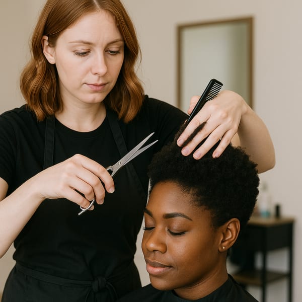 A hairstylist cutting a Black client's curly hair in a salon.