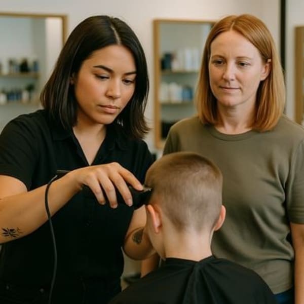 A stylist cutting a child's hair while an adult is watching.