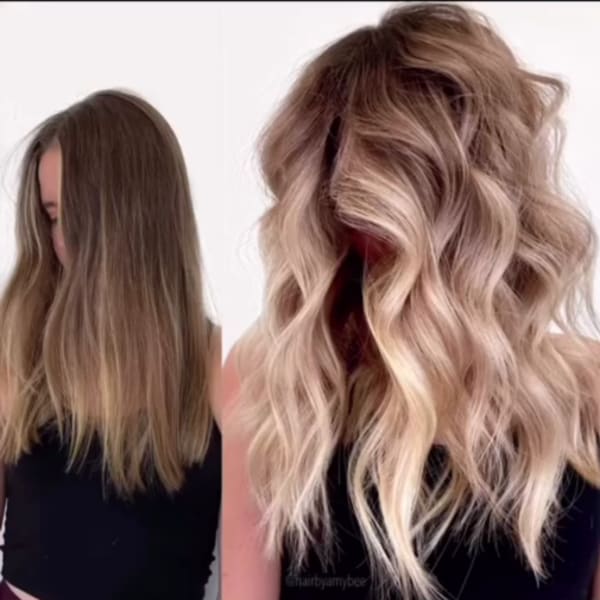 side-by-side before and after shot of hair transformation, straight brunette on left and wavy blonde on right