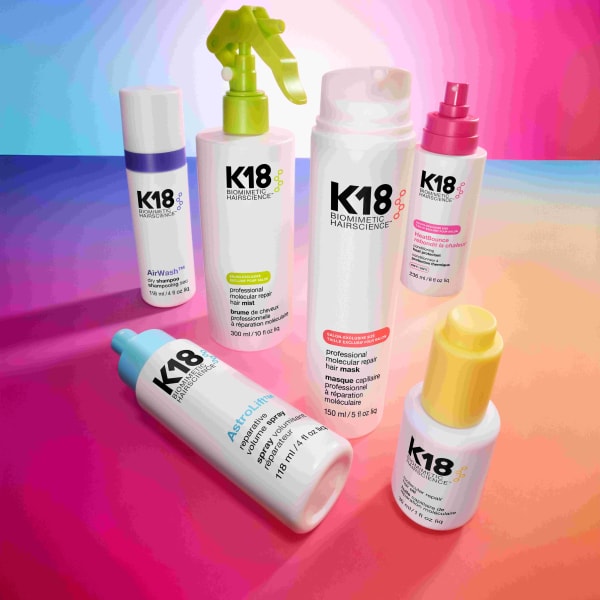A roundup of K18 products with a colorful background.
