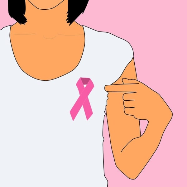 A graphic of a woman pointing to a pink cancer awareness ribbon pinned to her chest.