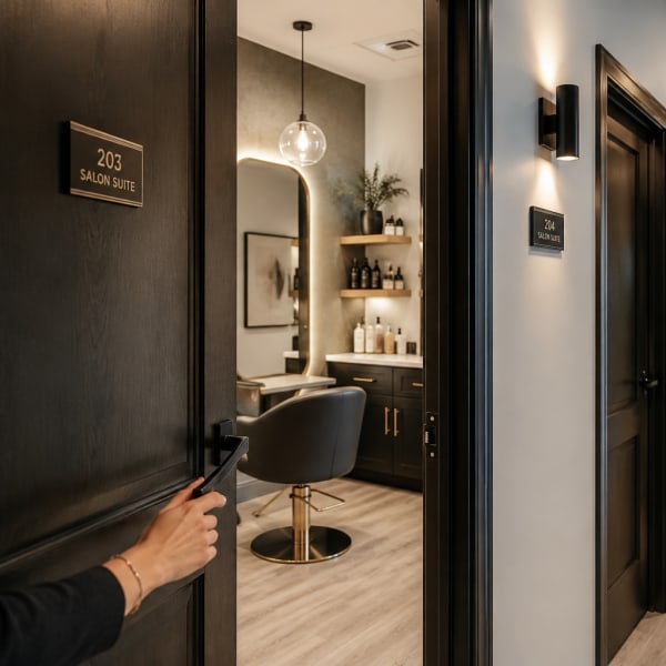 We see a hand opening a door into a salon suite.
