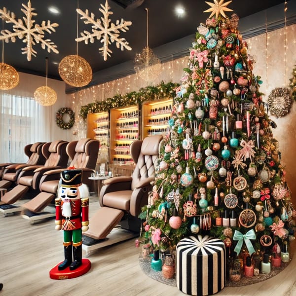 A Christmas tree in a nail salon.