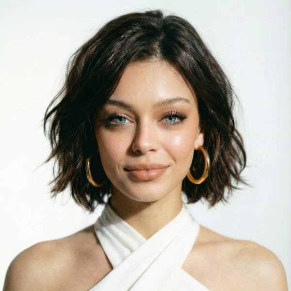 A brunette model with a bandeau top in white, and large gold hoop earrings.