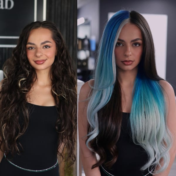 A before and after image of a woman with long hair that has been colored to a bright blue.