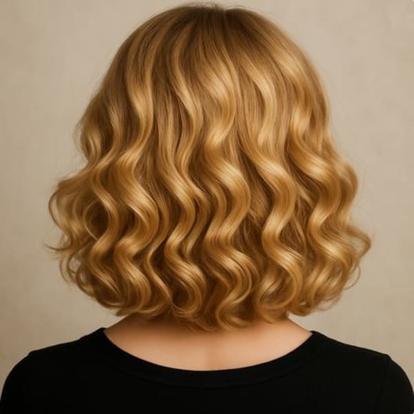 Curly blonde hair as seen from behind.