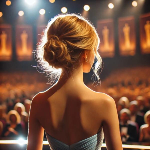 A woman with blonde hair and an updo.