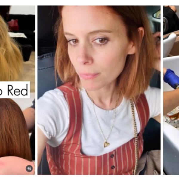 Kate Mara in the process of going from blonde to red.