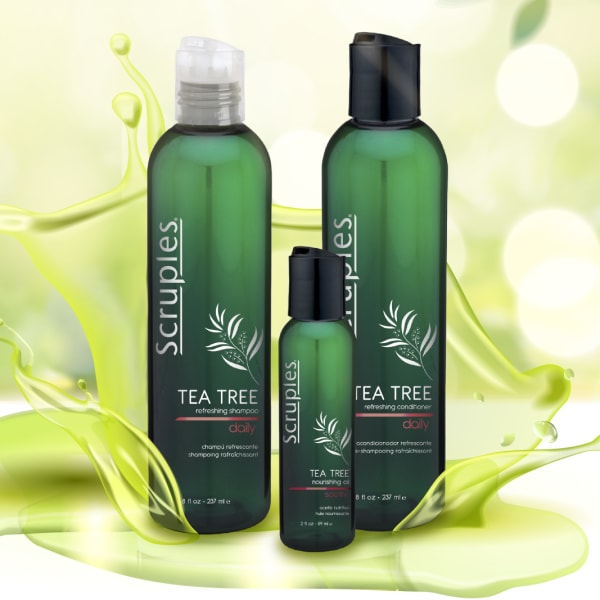 Three hair care products in green bottles against a green background