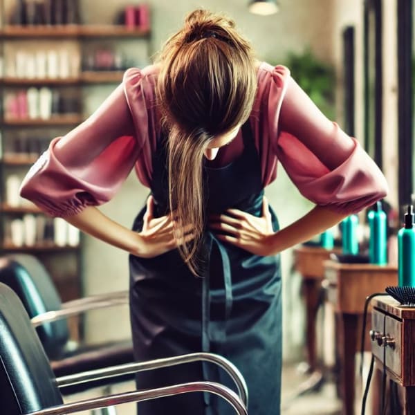 A woman leaning over a chair.