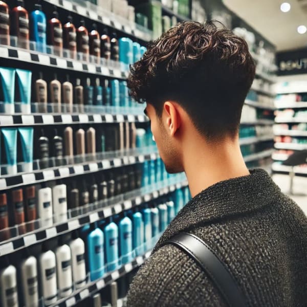 A young man looking at store shelves.