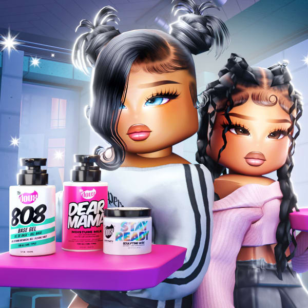two Roblox characters holding hair products