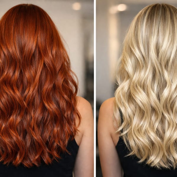 The rear view of red hair and blonde hair.