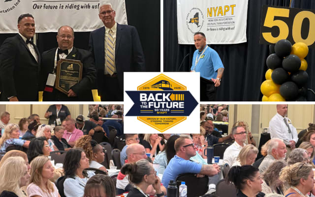 Collage highlighting NYAPT's 50th anniversary conference, featuring awards presentations, NYAPT President Marc Medina speaking, packed educational sessions, and the event's "Back to the Future" theme celebrating 50 years of pupil transportation leadership.