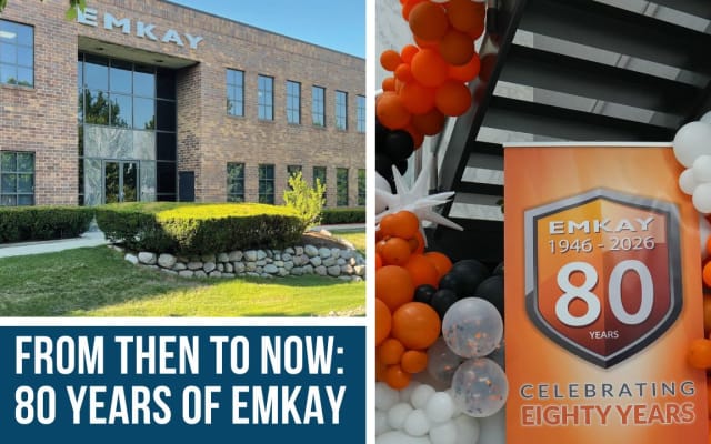 Graphic featuring EMKAY headquarters and 80th anniversary display with text reading “From Then to Now: 80 Years of EMKAY.”