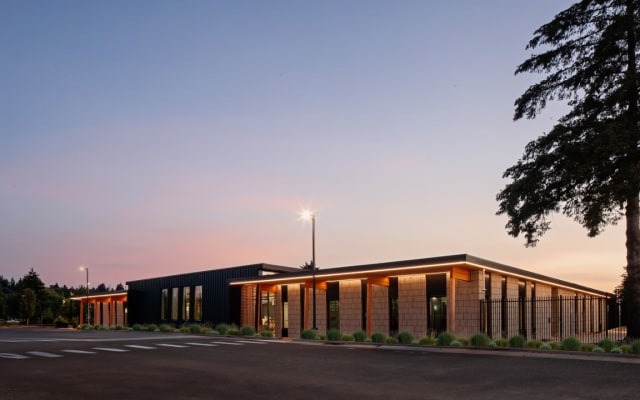 Exterior image of C-TRAN's campus expansion during sunrise.
