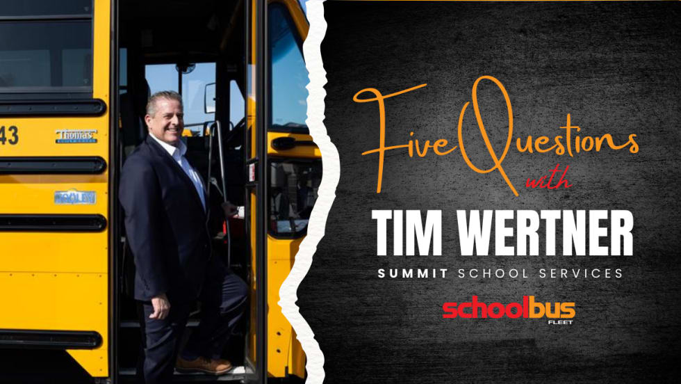 a man boards a school bus, with text next to him that reads "Five Questions with Tim Wertner, Summuit School Services"