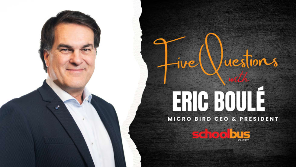 headshot of eric boule and text next to it that says "five questions with eric boule micro bird" and the school bus fleet logo