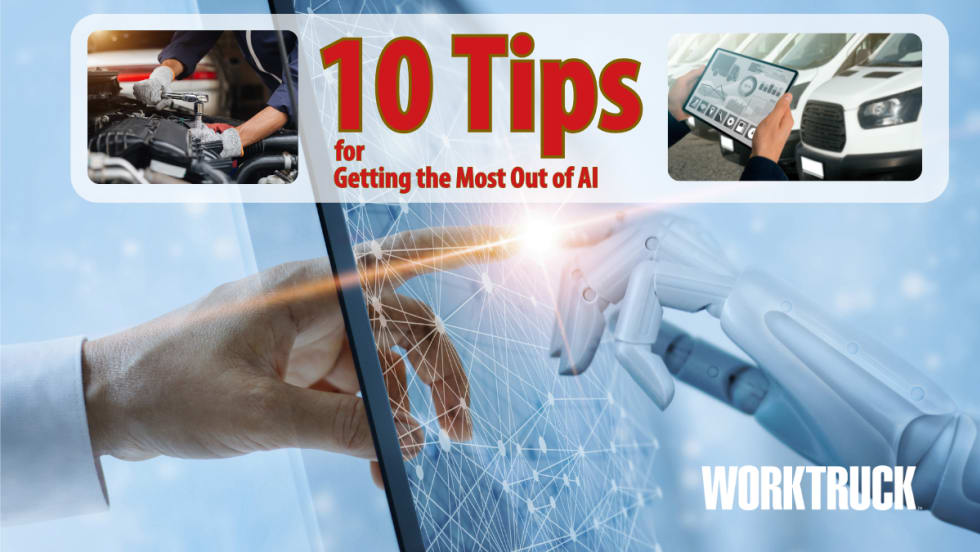 Illustration of AI - Human hand reaching out and touching a robotic computer hand, with text for 10 TIps for Getting the Most Out of AI and two inset trucking photos.
