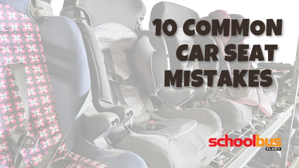 a photo of a row of car seats on a shelf with text overlay that says "10 Common Car seat  Mistakes"