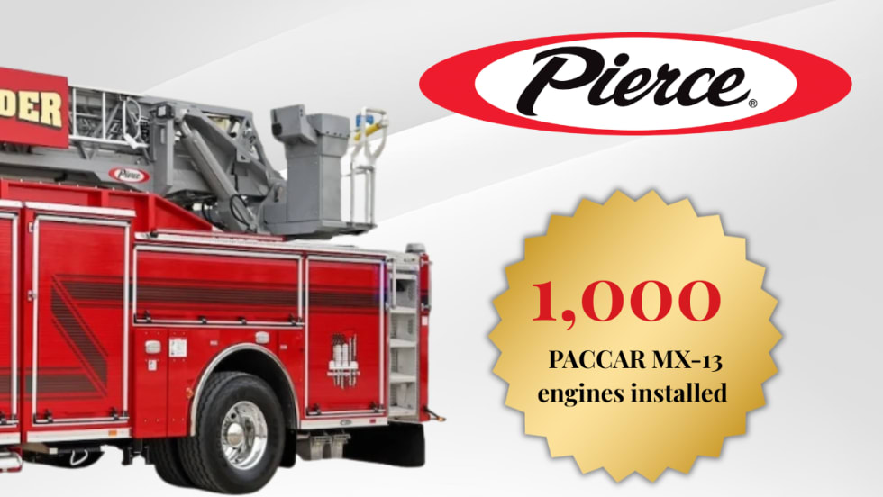Pierce fire truck with aerial ladder alongside graphic noting 1,000 PACCAR MX-13 engines installed, marking a milestone in fire apparatus production.