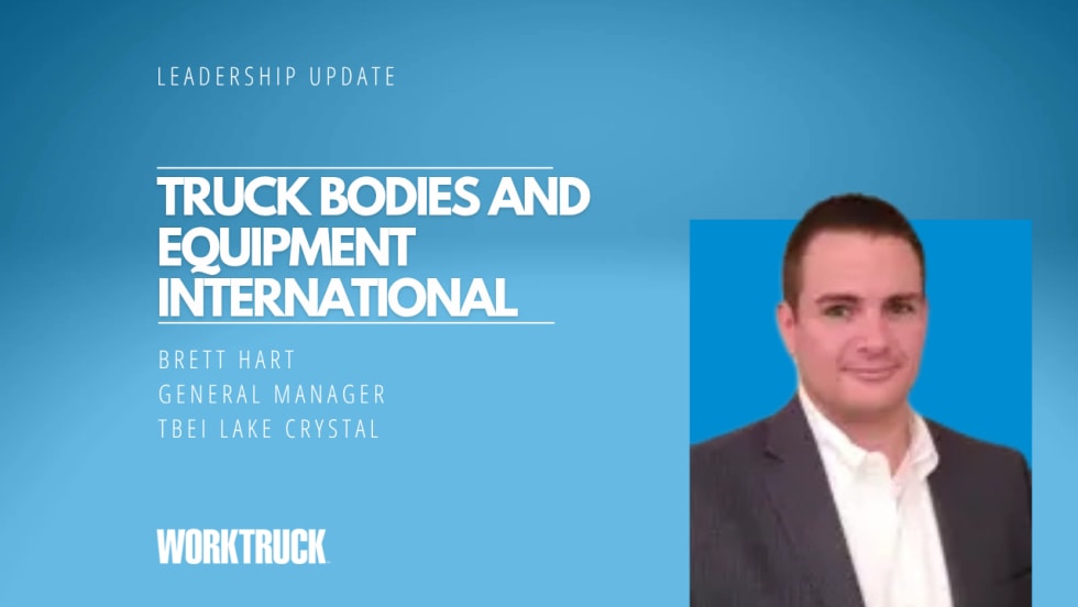 Work Truck leadership update featuring Brett Hart, General Manager of Truck Bodies and Equipment International (TBEI) Lake Crystal, alongside his portrait on a blue background.