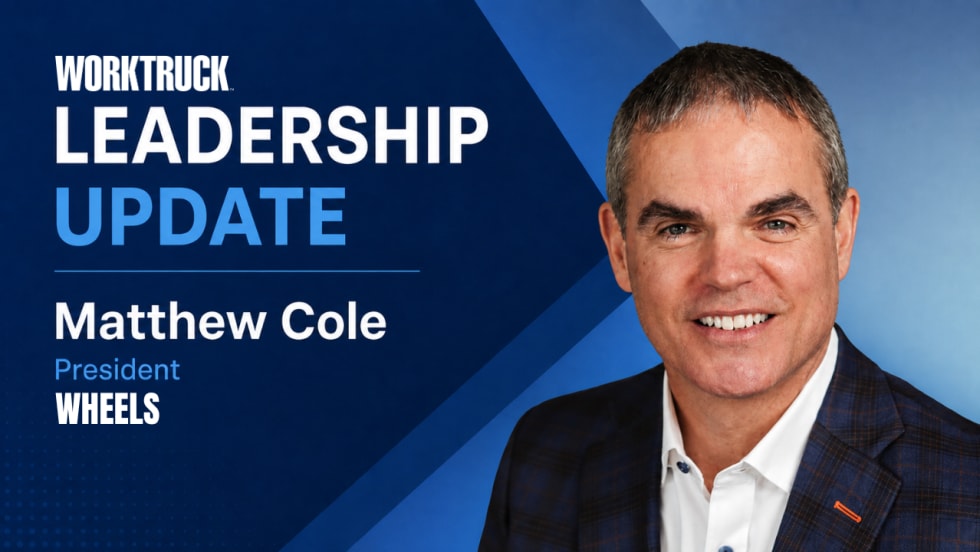 Leadership Update graphic featuring Matthew Cole, newly named president of Wheels, against a blue geometric background.