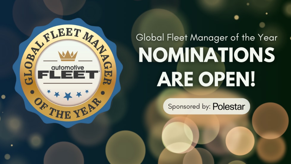 A blue and gold graphic detailing open nominations for the 2024 Global Fleet Manager of the Year.