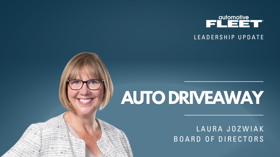 A leadership update graphic featuring Laura Jozwiak's headshot, highlighting her as a board director at Auto Driveway.